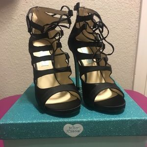 Betsey Johnson Blue 'Mila' Black Satin Strappy Heels Size 7